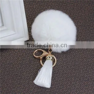 Cheap Wholesale Gold Plated White Angora Pom Pom Ball Rayon Tassel Keychain thumbnail-2
