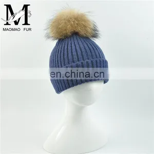 Kids Funny Hat With Big Genuine Raccoon Fur Ball Winter Knit Hat Baby Crochet thumbnail-3