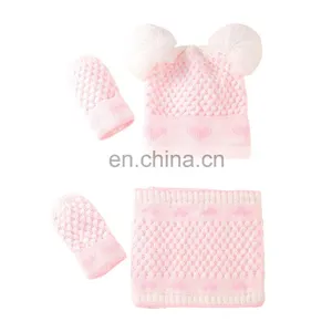 Warm Beanies Hat For Girl Boy Scarf Pompoms Winter Hats Knitted Caps Scarf Gloves 3 Pieces Winter Hat Scarf Set For Child thumbnail-2
