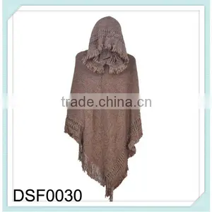 2015 Women Fashion Warm Fur Hooded Crochet Knit Poncho Sweater With Collar thumbnail-1