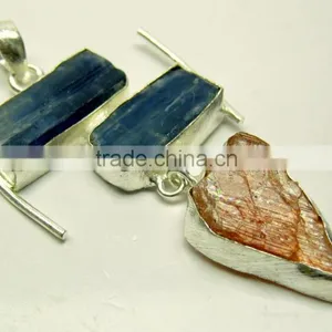 Kyanite & Sunstone Multi Stone Rough Gemstone Pendant, 925 Solid Sterling Silver Pendant, Designer Raw Vermeil Pendant thumbnail-2