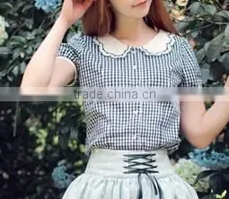 Korea Latest Polo Design Checker Women Blouse Tops With Doll Collar thumbnail-1