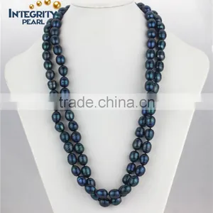 Fashion Freshwater Pearl Necklace 11-12mm Peacock Blue Long Rice Pearl Necklace thumbnail-1