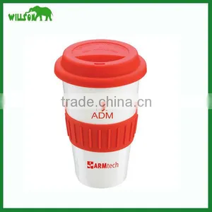 Double Walled Ceramic Mug With Silicone Lid and Sleeve,Ceramic Coffee Cup With Silicon Lid thumbnail-1