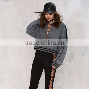 80cotton Custom Logo Printing Lace-up Hoodies Special Plain Sweat Shirt Crop Good Quality Women Crop Top thumbnail-3