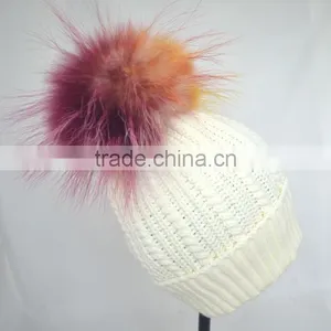 Myfur Elegant Women White Color Wool Blend Hat and Cap With Fur Ball Top thumbnail-3