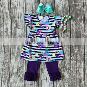 Baby Girls Summer Clothing Girls Strip Purple Floral Top Clothing With Purple Ruffle Capri Pants Outftis With Accessories thumbnail-1