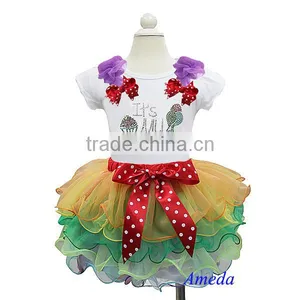 Rainbow Petal Pettiskirt With Bling Rhinestone It's My Birthday White Short Sleeves Top 1-7Y thumbnail-1