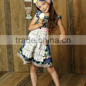 Newest Summer Persnickety Remake Girls Boutique Outfit Children Floral Ruffle Princess Dress and Stripe Capris Set thumbnail-6