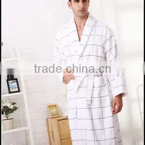 Men Cotton Bathrobe Plaid White and Black Cheap Cotton Men Bathroom Robes thumbnail-2