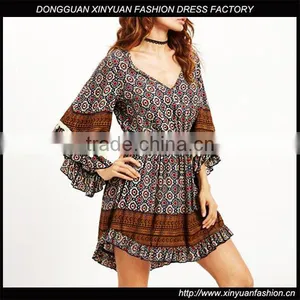Wholesale Ladies Flare Sleeve Sexy Bohemian Dress Vintage Printed Mini Dresses For Women thumbnail-1