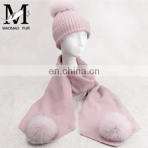 Winter Wool Knitted Beanies Scarf Fox Fur Pompom Knitted Hat Wool thumbnail-2