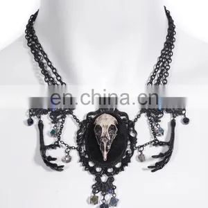 Gothic Necklace With Faux Small Crow Skull and Beads thumbnail-1
