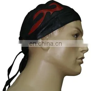 HMB-901F LEATHER SKULL CAP DURAG RED FLAME STYLE SKULLCAP BIKER HATS thumbnail-1