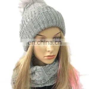 Newest Women's Fashion Winter Pur Colour Acrylic Knitted Scarf Hat Set With Ball on Hat thumbnail-1