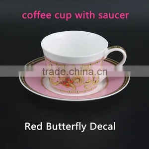 With Red Color Butterfly Decal 250ml Ceramic Coffee Cup Round Shape Bone China Cup With Saucer thumbnail-2