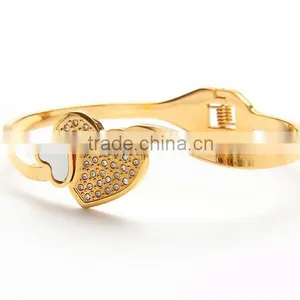 Classic Tricolor Stainless Steel Open Crystal Bangle Heart Jewelry Wedding for Women thumbnail-5