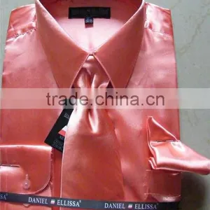 Mens Satin Shirts Man Solid Satin Silk Dress Shirts With Tie and Handkerchief thumbnail-1