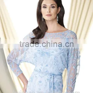 Beautiful Blue Long Sleeve Lace Satin Mother Dress Muslim Casual Wear thumbnail-2