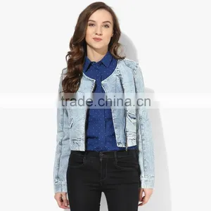 Blue Washed Zipper Denim Jacket Side Double for Women thumbnail-1