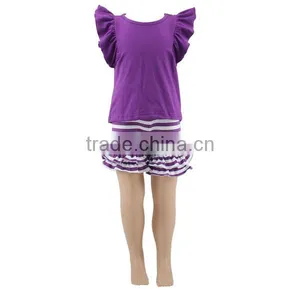 2017 Summer Hot Sale Kids Clothes Purple Icing Ruffle Outfits Solid Tops Sets Baby Wear Children Clothes thumbnail-1