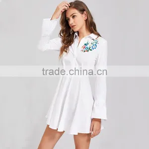 Women Flower Emboriedered Long Sleeve Clothing, White High Waist Shirt Dress thumbnail-2