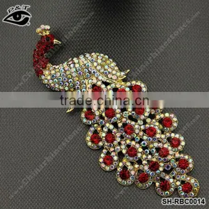 Peacock Shaped Rhinestone Brooches Peafowl Design Red Crystal Pin Brooch for Clothing thumbnail-1