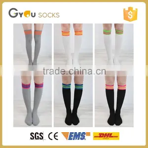 Girls Knee High Solid Color Cotton Socks With Two Stripes thumbnail-1