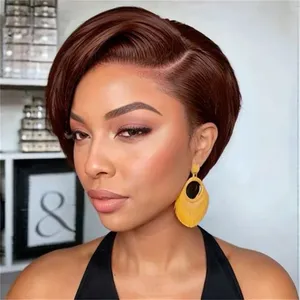 4# Brown Preplucked Brazilian Human Hair Short Bob Straight Pixie Cut Wig Transparent Lace Frontal Wigs For Women thumbnail-1