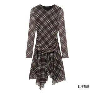 European and American Women's Fashion Checkered Pleated Chiffon Irregular Long-sleeved Dress and Short Skirt thumbnail-2