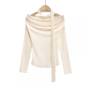 Design-sense Pure Seductive Hot Girl Style Pleated Off-the-shoulder Long-sleeved Top for Women, Spring and Autumn, With Ribbon and Mesh Spliced-in for a Slimming Effect. thumbnail-1