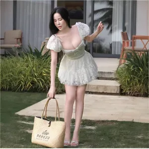 Spring and Summer New Style Rich Heiress French Sweet Spicy Girl Pure Desire Style Bow Lace Waist Cinching Slimming Dress thumbnail-5