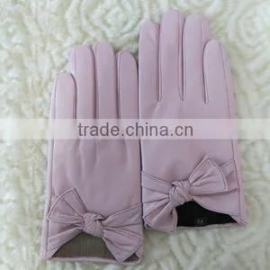 High Grade Light Pink Womens Fashion Bow Leather Gloves thumbnail-1
