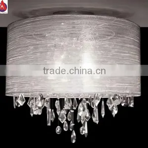 Chinese Style Elegant Crystal Ceiling Lamp in White Silk Shade thumbnail-1