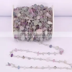 Natural Fluorite Cabochon Beaded Rosary Chains Silver Plated Clip Bead Links Wire Wrapped Chain thumbnail-1