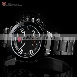 Shark LED Analog Digital Day Date Black Steel Mens Sports Quatrz Wrist Watch thumbnail-3