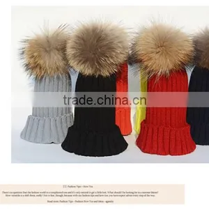 Children Hat Kids Hat Children Winter Raccoon Fur Hats 100% Real 15cm Fur Pompom Beanies Cap Natural Fur Hat For Kids Children thumbnail-2