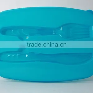 Microwave Safe Plastic 2 Compartments Lunch Box With Fork and Knife on Lid thumbnail-3