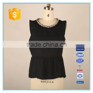 Ladies Chiffon Blouse Flounced Hem Pearl Beaded Neck Design Sleeveless Blouse thumbnail-1