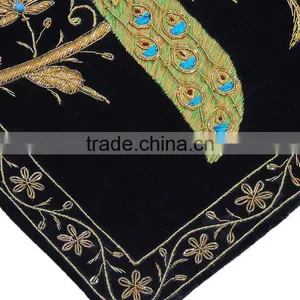 Black Decorative Peacock Pillowcase Dabka Handmade Couch Velvet Ethnic Cushion thumbnail-5
