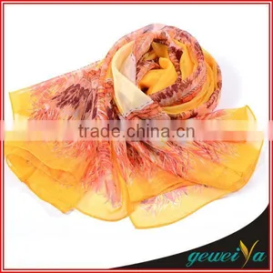 Yellow Tree Flower Digital Printed Chiffon Plain Scarf thumbnail-1