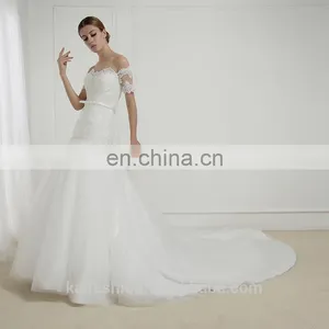 EBL-2835 A-line Scoope Sweetheart Short Sleeve Thick Lace Applique Bow Sash Fanbulous Mermaid Wedding Dress 2016 thumbnail-1