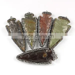 JF6918 Crystal Pave Large Hand Carved Jasper Stone Arrow Head Arrowhead Pendants,Arrow Head Charms Quality Choice thumbnail-1