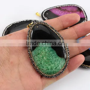 JF6901 Fashion Beautiful Crystal Paved 2 Double Colours Agate Slice Pendants thumbnail-2
