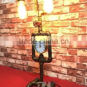 Industrial Style Pipe Lights Steampunk Pipe Table Lamp Edison Lamp Double Head With Clock thumbnail-4