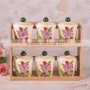 DFC Ceramic Material Antique 6 PCs Canister Jar Set With Wooden Stand thumbnail-1