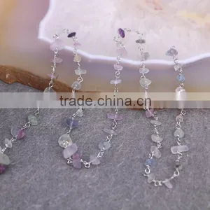 Natural Fluorite Cabochon Beaded Rosary Chains Silver Plated Clip Bead Links Wire Wrapped Chain thumbnail-5