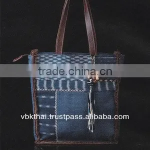 LEATHER STRAP HAND BAG WITH INDIGO DYED COTTON thumbnail-1