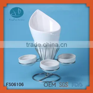 SGS/LFGB/FDA Certification Porcelain Fry Holder With Dip Bowl,new Design Ceramic Fondue Set With Stainless Stand thumbnail-1