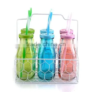 Mini Color Milk Bottles With Straw and Iron Frame thumbnail-1